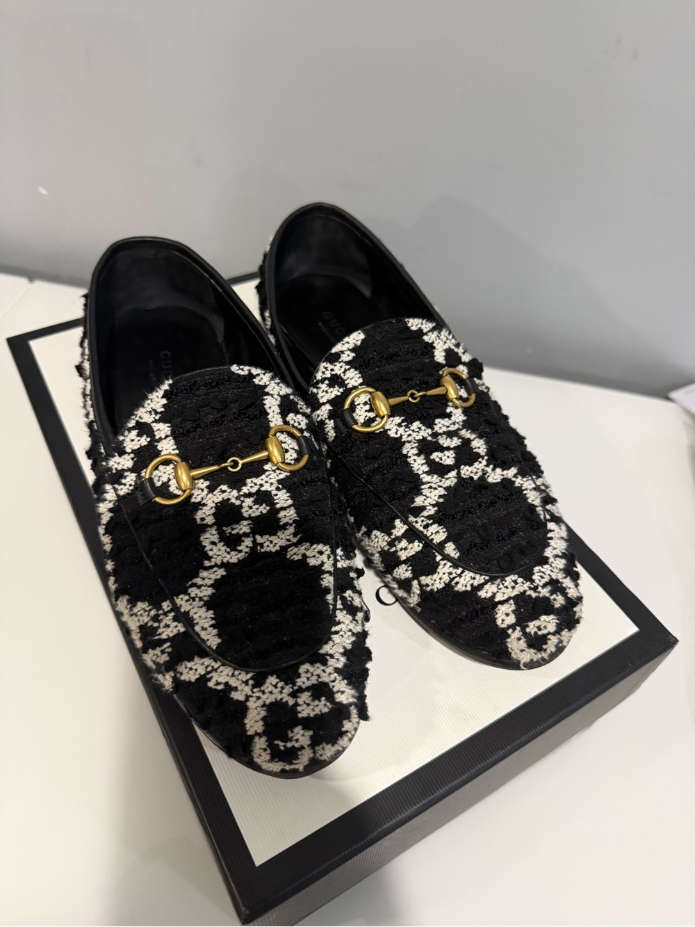 Gucci Black & White Tweed Horsebit Loafers